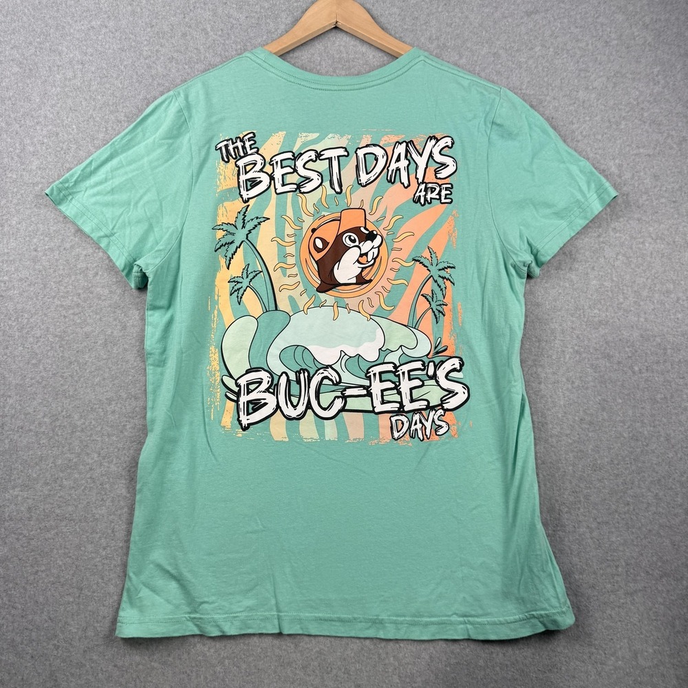 Buc-ees Shirt Womens Large Teal Green Best Days Beach Graphic Tee Surf Logo